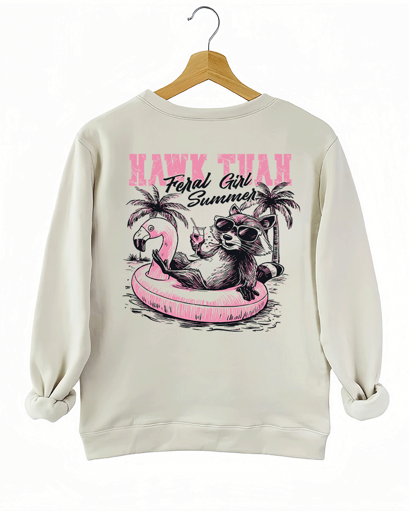 Ragglo beige sweatshirt back view featuring a raccoon in sunglasses on a flamingo float with a drink and palm trees, perfect for fun vacation vibes and streetwear.

