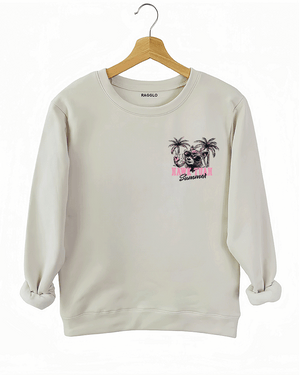Ragglo beige sweatshirt front view with 'HAWK TUAH FERAL GIRL SUMMER' text and palm trees, ideal for playful summer streetwear.

