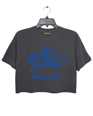 Ragglo dark gray crop top featuring 'HELL CAT' text in blue with a graphic of a woman riding a tiger, perfect for bold streetwear and fierce, rebellious vibes.





