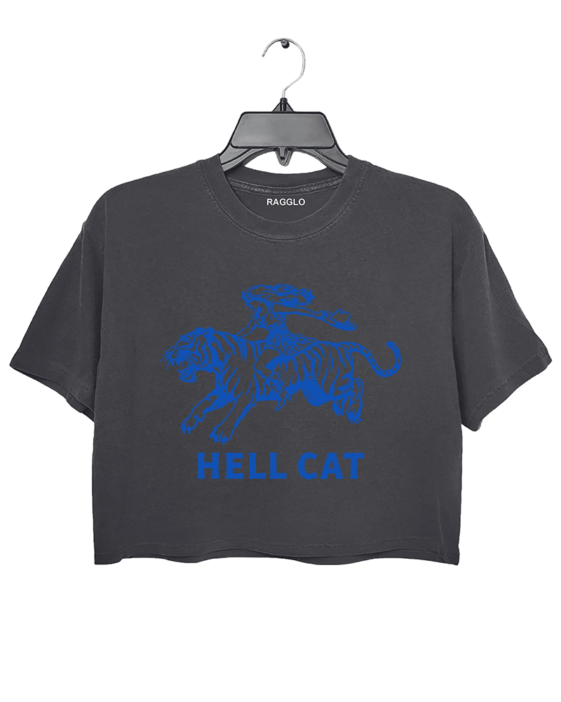 Ragglo dark gray crop top featuring 'HELL CAT' text in blue with a graphic of a woman riding a tiger, perfect for bold streetwear and fierce, rebellious vibes.





