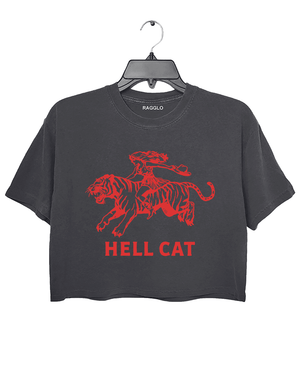 Ragglo dark gray crop top featuring 'HELL CAT' text in red with a graphic of a woman riding a tiger, perfect for bold streetwear and fierce, rebellious vibes.





