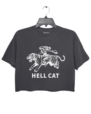 Ragglo dark gray crop top featuring 'HELL CAT' text in white with a graphic of a woman riding a tiger, perfect for bold streetwear and fierce, rebellious vibes.






