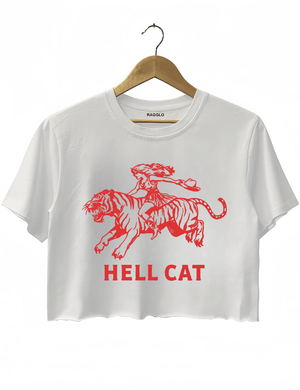 Ragglo white crop top featuring 'HELL CAT' text in red with a graphic of a woman riding a tiger, perfect for bold streetwear and fierce, rebellious vibes.



