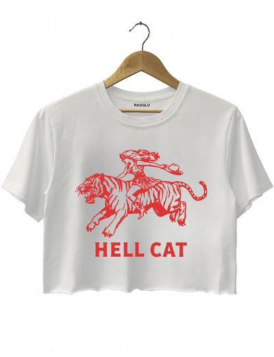 Ragglo white crop top featuring 'HELL CAT' text in red with a graphic of a woman riding a tiger, perfect for bold streetwear and fierce, rebellious vibes.



