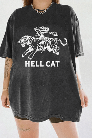 Ragglo dark gray tee featuring 'HELL CAT' text in white with a graphic of a woman riding a tiger, perfect for bold streetwear and fierce, rebellious vibes.

