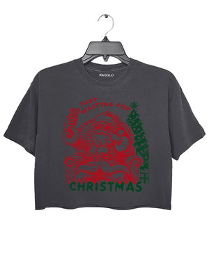 Ragglo dark gray crop top featuring a Santa selfie graphic with sunglasses, a Christmas tree, and 'JUST WAITING FOR CHRISTMAS' text, perfect for festive holiday streetwear and fun celebrations.
