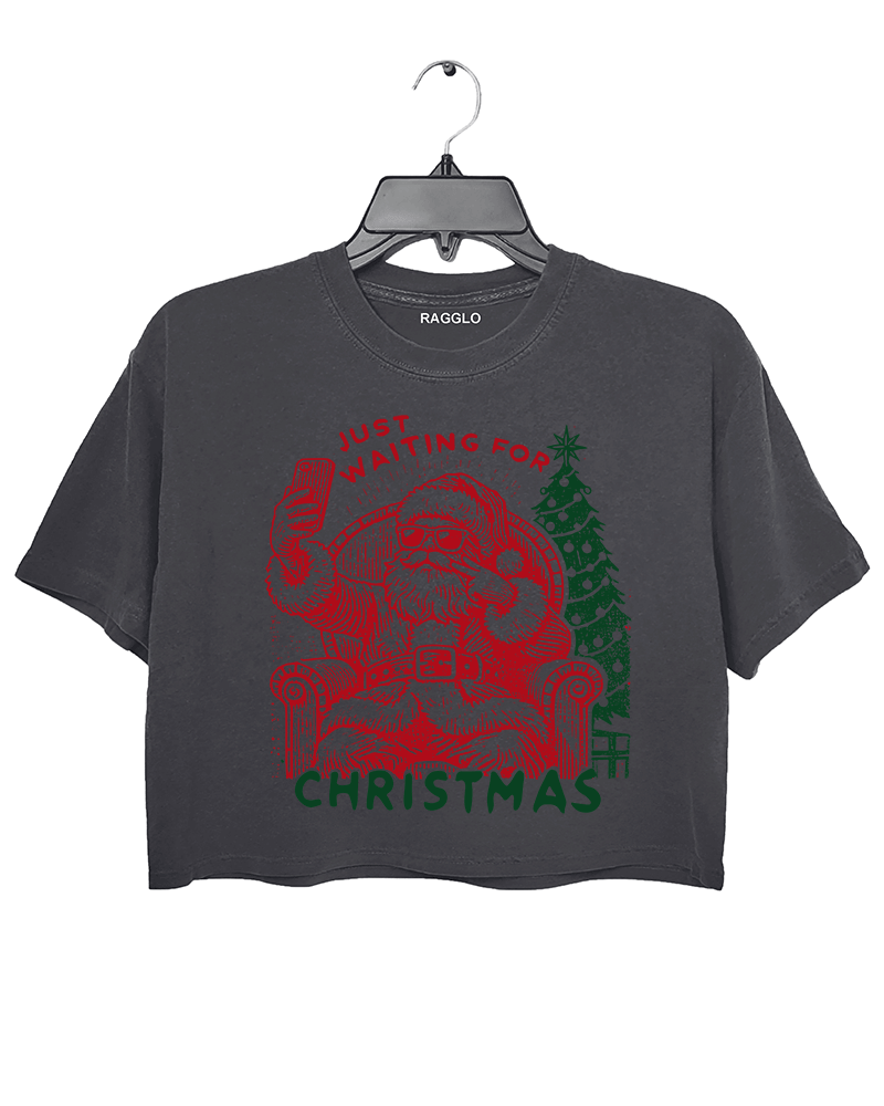 Ragglo dark gray crop top featuring a Santa selfie graphic with sunglasses, a Christmas tree, and 'JUST WAITING FOR CHRISTMAS' text, perfect for festive holiday streetwear and fun celebrations.

