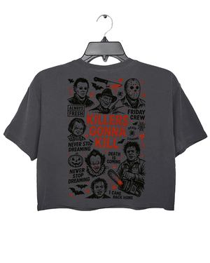 Dark gray crop top featuring a bold 'KILLERS GONNA KILL' text on the back, surrounded by iconic horror movie character illustrations, including Jason from Friday the 13th, Ghostface from Scream, and other classic villains.