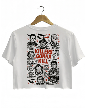 White crop top featuring a bold 'KILLERS GONNA KILL' text on the back, surrounded by iconic horror movie character illustrations, including Jason from Friday the 13th, Ghostface from Scream, and other classic villains.