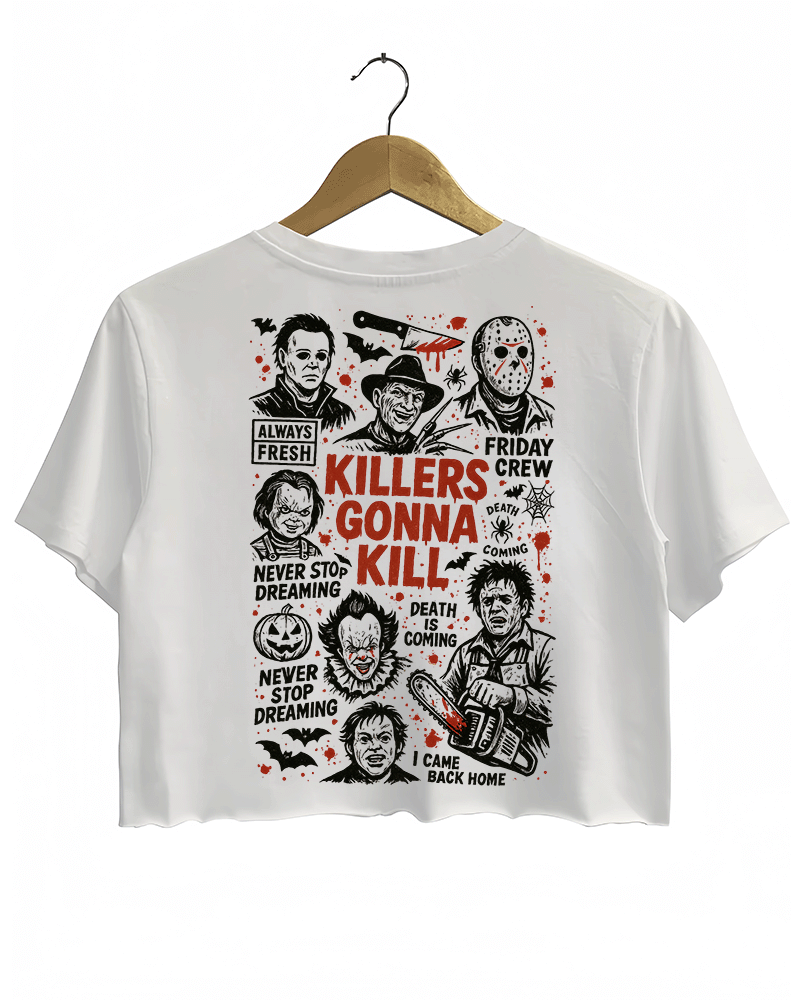 White crop top featuring a bold 'KILLERS GONNA KILL' text on the back, surrounded by iconic horror movie character illustrations, including Jason from Friday the 13th, Ghostface from Scream, and other classic villains.