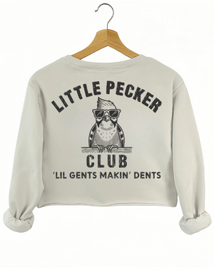 Ragglo beige crop sweatshirt back view featuring 'Little Pecker Club' and 'Lil Gents Makin' Dents' text with a stylish bird graphic, ideal for bold and playful casual wear.

