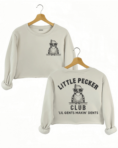 Ragglo beige crop sweatshirt front and back view, featuring a cool bird with sunglasses and a beard, with 'Little Pecker Club' and 'Lil Gents Makin' Dents' text, perfect for humorous streetwear style.

