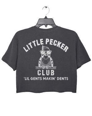 Ragglo dark gray crop top back view featuring 'Little Pecker Club' and 'Lil Gents Makin' Dents' text with a stylish bird graphic, ideal for bold and playful casual wear.


