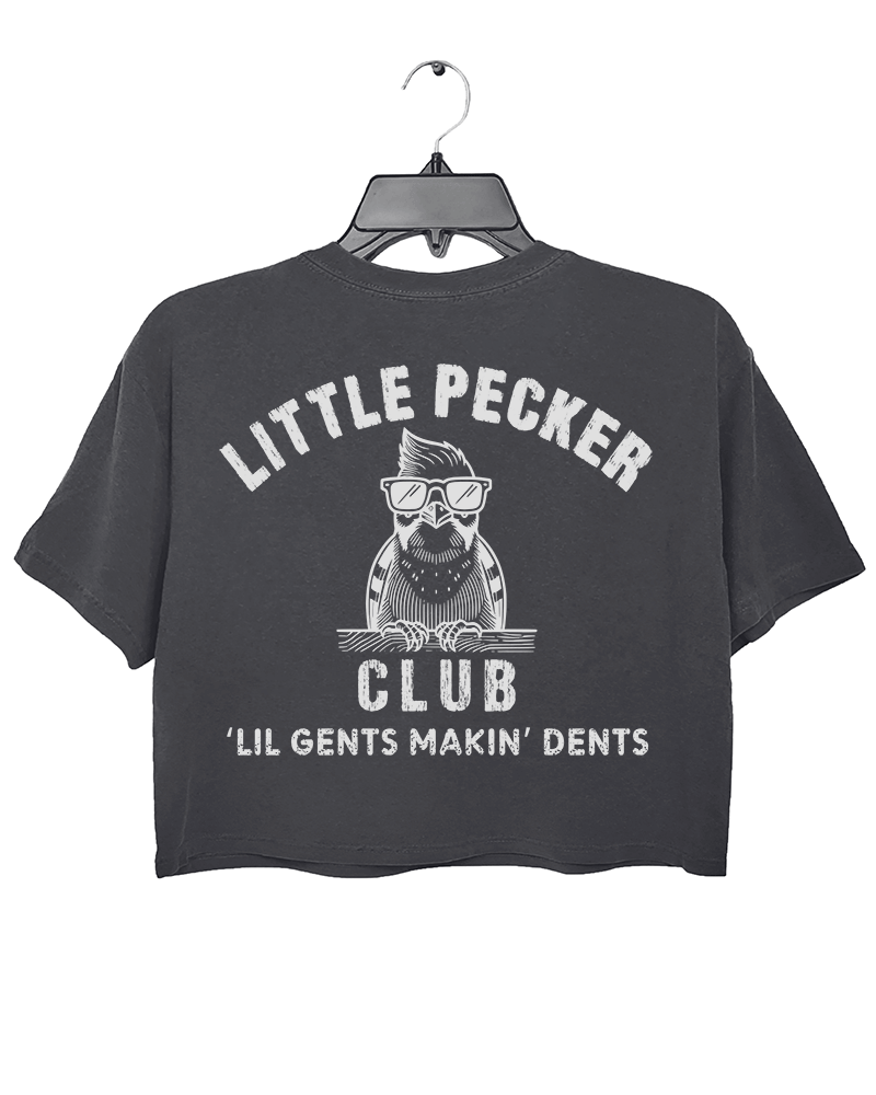 Ragglo dark gray crop top back view featuring 'Little Pecker Club' and 'Lil Gents Makin' Dents' text with a stylish bird graphic, ideal for bold and playful casual wear.


