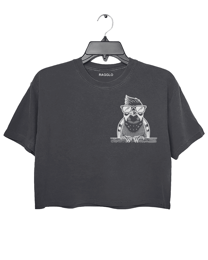 Ragglo dark gray crop top front view showcasing a cool bird with sunglasses and a beard leaning on a ledge, perfect for humorous and trendy streetwear fashion.

