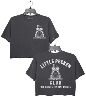 Ragglo dark gray crop top front and back view, featuring a cool bird with sunglasses and a beard, with 'Little Pecker Club' and 'Lil Gents Makin' Dents' text, perfect for humorous streetwear style.

