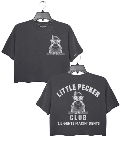 Ragglo dark gray crop top front and back view, featuring a cool bird with sunglasses and a beard, with 'Little Pecker Club' and 'Lil Gents Makin' Dents' text, perfect for humorous streetwear style.

