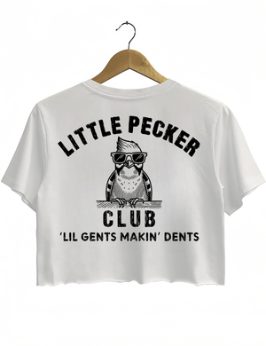 Ragglo white crop top back view featuring 'Little Pecker Club' and 'Lil Gents Makin' Dents' text with a stylish bird graphic, ideal for bold and playful casual wear.

