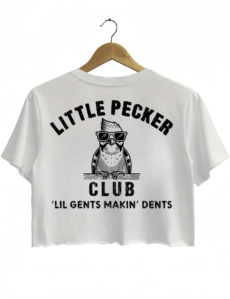 Ragglo white crop top back view featuring 'Little Pecker Club' and 'Lil Gents Makin' Dents' text with a stylish bird graphic, ideal for bold and playful casual wear.

