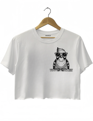 Ragglo white crop top front view showcasing a cool bird with sunglasses and a beard leaning on a ledge, perfect for humorous and trendy streetwear fashion.

