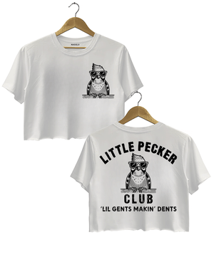Ragglo white crop top front and back view, featuring a cool bird with sunglasses and a beard, with 'Little Pecker Club' and 'Lil Gents Makin' Dents' text, perfect for humorous streetwear style.

