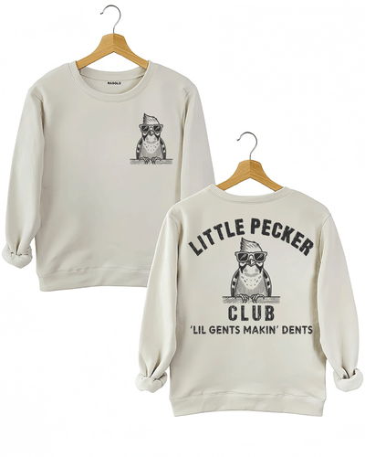 Ragglo beige sweatshirt front and back view, featuring a cool bird with sunglasses and a beard, with 'Little Pecker Club' and 'Lil Gents Makin' Dents' text, perfect for humorous streetwear style.

