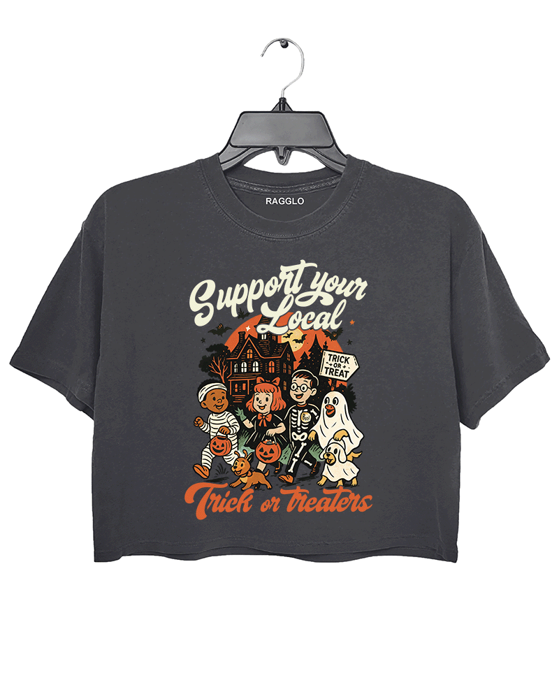 RAGGLO women's cropped T-shirt in dark gray, featuring bold rock-inspired graphics, including a leopard face, dice, skulls, and flame elements for a vintage streetwear aesthetic.