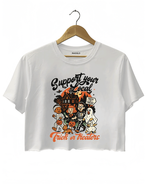 RAGGLO women's cropped T-shirt in white, featuring bold rock-inspired graphics, including a leopard face, dice, skulls, and flame elements for a vintage streetwear aesthetic.