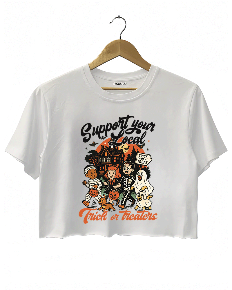 RAGGLO women's cropped T-shirt in white, featuring bold rock-inspired graphics, including a leopard face, dice, skulls, and flame elements for a vintage streetwear aesthetic.