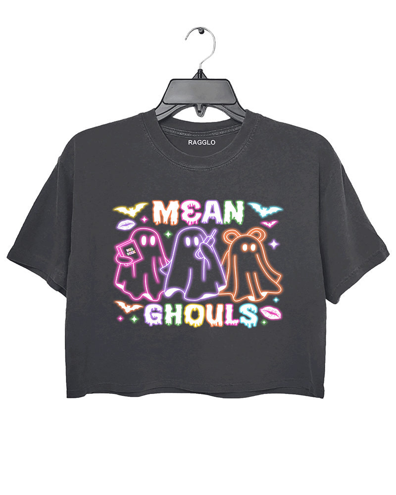 Ragglo dark gray crop top with "Mean Ghouls" neon ghost graphic in pink, purple, and orange, featuring a playful Halloween and Mean Girls parody theme.

