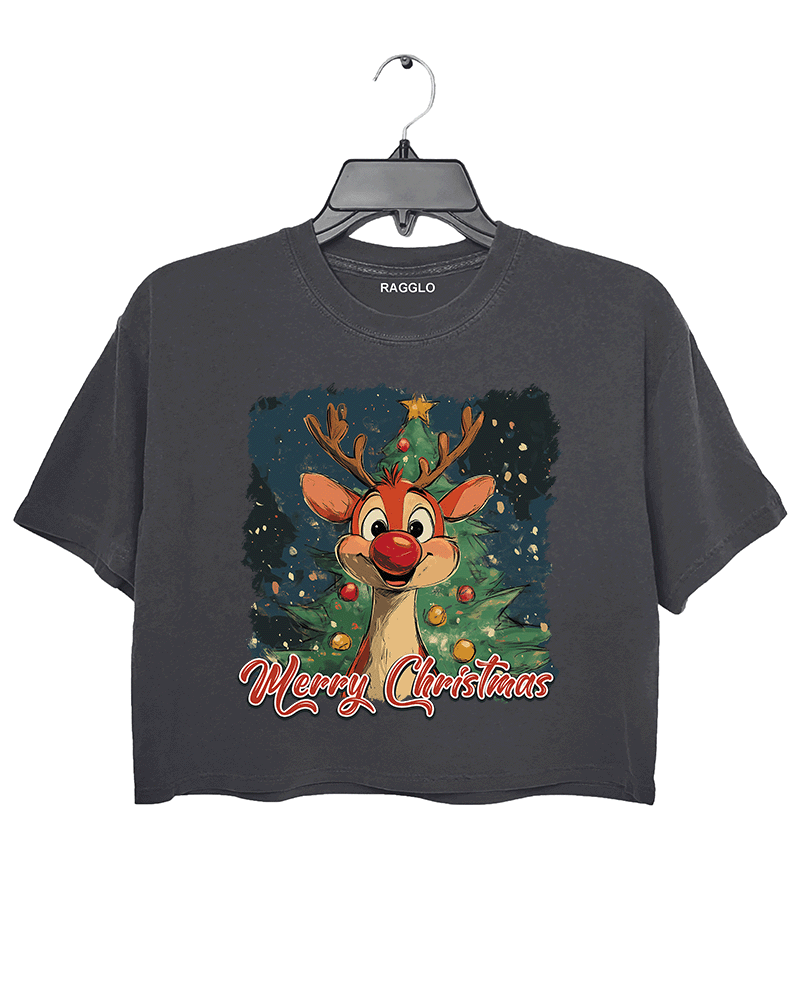 Ragglo dark gray crop top featuring 'MERRY CHRISTMAS' text with a cute red-nosed reindeer, a decorated Christmas tree, and festive lights, perfect for holiday streetwear and Christmas celebrations

