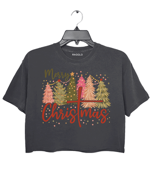 Ragglo dark gray crop top featuring five decorated Christmas trees with lights, stars, and snowflakes, with 'Merry Christmas' text, perfect for festive holiday streetwear.

