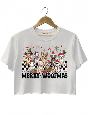 Ragglo white crop top featuring eight dogs in Santa hats and reindeer antlers with gifts, snowflakes, and 'MERRY WOOFMAS' text, perfect for festive Christmas streetwear for dog lovers.

