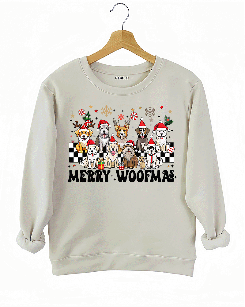 Ragglo beige sweatshirt featuring eight dogs in Santa hats and reindeer antlers with gifts, snowflakes, and 'MERRY WOOFMAS' text, perfect for festive Christmas streetwear for dog lovers.

