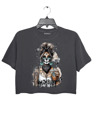 Ragglo MomBae Day of the Dead crop top dark gray featuring a stylish sugar skull woman with a headscarf, holding a coffee cup, and wearing a 'MomBae' top with tattoo-inspired splashes, in a humorous and trendy Dia de los Muertos graphic design.