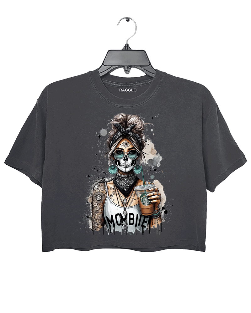 Ragglo MomBae Day of the Dead crop top dark gray featuring a stylish sugar skull woman with a headscarf, holding a coffee cup, and wearing a 'MomBae' top with tattoo-inspired splashes, in a humorous and trendy Dia de los Muertos graphic design.