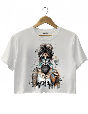 Ragglo MomBae Day of the Dead crop top white featuring a stylish sugar skull woman with a headscarf, holding a coffee cup, and wearing a 'MomBae' top with tattoo-inspired splashes, in a humorous and trendy Dia de los Muertos graphic design.