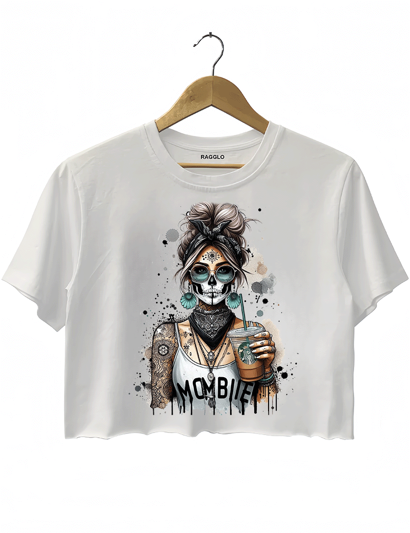 Ragglo MomBae Day of the Dead crop top white featuring a stylish sugar skull woman with a headscarf, holding a coffee cup, and wearing a 'MomBae' top with tattoo-inspired splashes, in a humorous and trendy Dia de los Muertos graphic design.