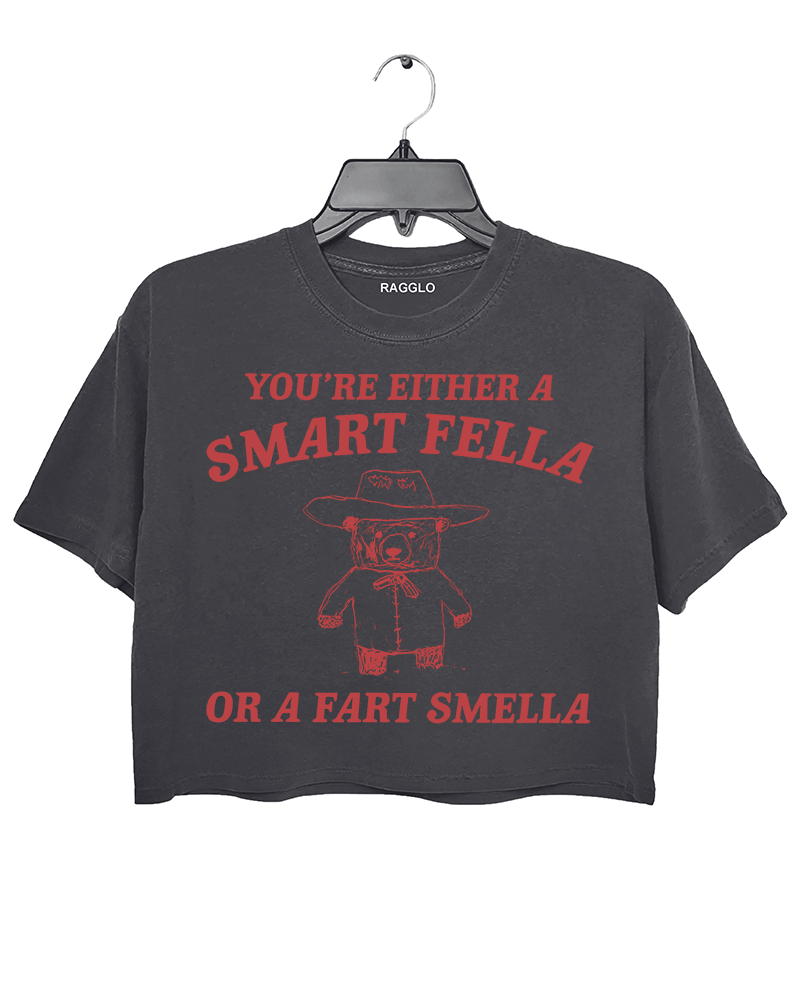 Ragglo dark gray crop top featuring 'YOU’RE EITHER A SMART FELLA OR A FART SMELLA' text with a bear in a cowboy hat, perfect for casual streetwear and humorous everyday wear.

