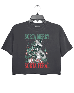 Ragglo dark gray crop top featuring a raccoon with a decorated Christmas tree, gifts, and 'SORTA MERRY SORTA FERAL' text, perfect for funny Christmas streetwear.

