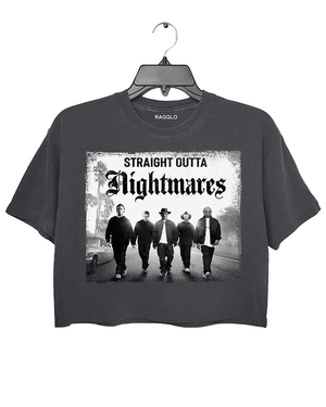 Ragglo dark gray crop top with "Straight Outta Nightmares" graphic featuring five figures on a road, blending horror movie and hip-hop culture themes.


