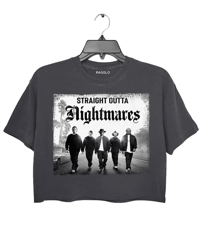 Ragglo dark gray crop top with "Straight Outta Nightmares" graphic featuring five figures on a road, blending horror movie and hip-hop culture themes.

