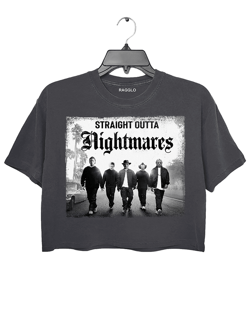 Ragglo dark gray crop top with "Straight Outta Nightmares" graphic featuring five figures on a road, blending horror movie and hip-hop culture themes.

