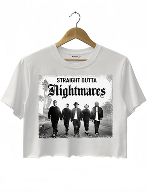 Ragglo white crop top with "Straight Outta Nightmares" graphic featuring five figures on a road, blending horror movie and hip-hop culture themes.

