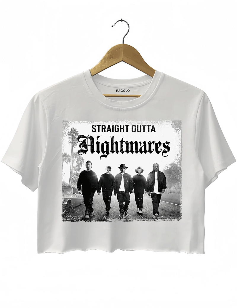 Ragglo white crop top with "Straight Outta Nightmares" graphic featuring five figures on a road, blending horror movie and hip-hop culture themes.

