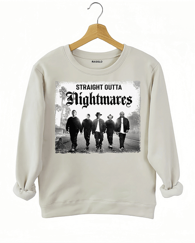 Ragglo beige sweatshirt with "Straight Outta Nightmares" graphic featuring five figures on a road, blending horror movie and hip-hop culture themes.

