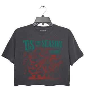 Ragglo dark gray crop top featuring Santa, a reindeer, and a snowman playing guitars with musical notes and 'TIS THE SEASON EVERYBODY' text, perfect for festive Christmas streetwear with a musical vibe.

