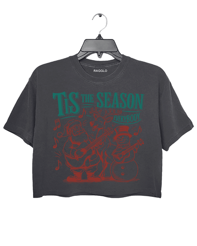 Ragglo dark gray crop top featuring Santa, a reindeer, and a snowman playing guitars with musical notes and 'TIS THE SEASON EVERYBODY' text, perfect for festive Christmas streetwear with a musical vibe.

