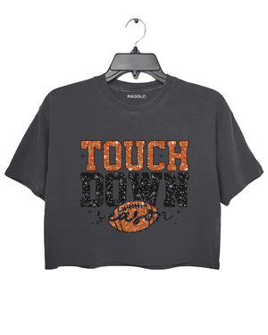 Ragglo dark gray crop top featuring 'TOUCH DOWN' text with a football graphic and 'season' script, accented by stars, perfect for football fans and game day streetwear.

