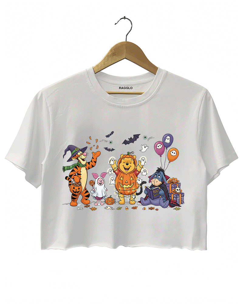 White cropped Halloween T-shirt by RAGGLO with a cute cartoon illustration of animal friends in Halloween costumes. The scene features a witchy tiger, a lion in a jack-o’-lantern outfit, and a donkey surrounded by ghosts, balloons, and candy. A fun, family-friendly top ideal for Halloween lovers and casual autumn outfits.